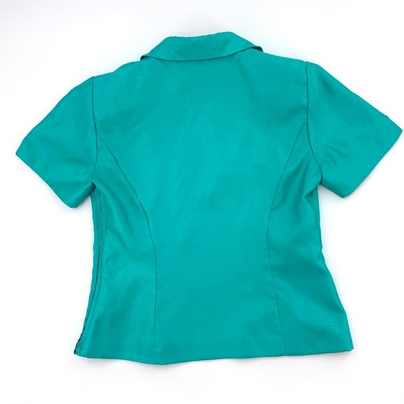 Sag Harbor Beautiful Shiny‎ Green Blouse 6 Petite Shoulder Pads Uniform Collared - Picture 8 of 9